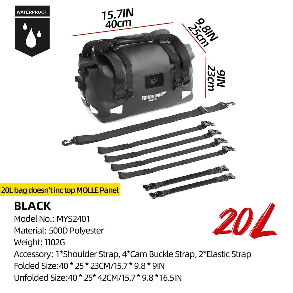 Rhinowalk Su Geçirmez Motosiklet Duffel Çanta 20LT – Kuyruk Çantası, Arka Koltuk Çantası, Roll-Top Seyahat Ekipman Çantası