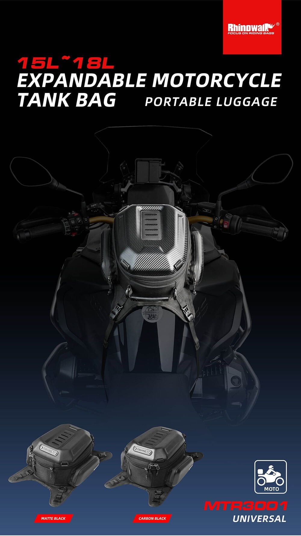 Rhinowalk MTR3001KC Su Geçirmez Genişleyebilir Motosiklet Tank Çantası (15-18L)