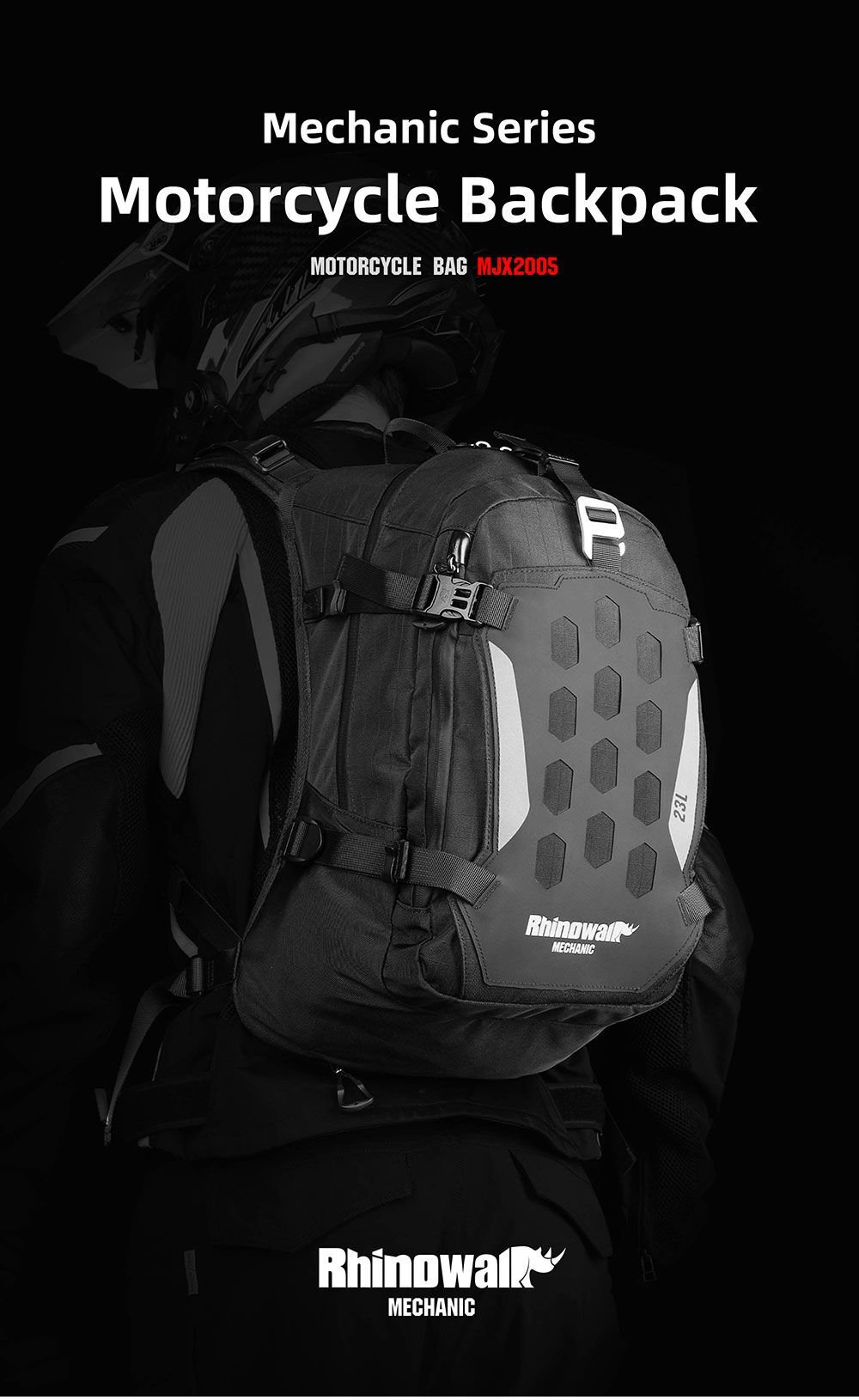 Rhinowalk Mechanic X MJX2005BK 23L Su Geçirmez Molle Motorcu Sırt Çantası – Kask Tutucu, Yağmur Kılıfı