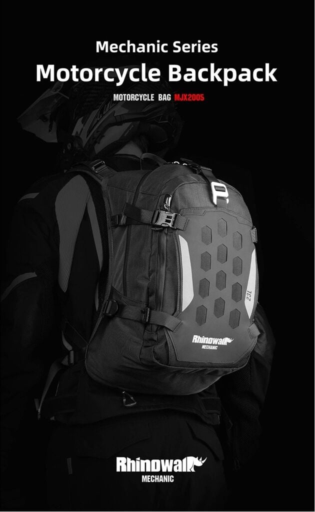 Rhinowalk Mechanic x MJX2005BK 23L Su Geçirmez Molle Motorcu Sırt Çantası – Kask Tutucu, Yağmur Kılıfı