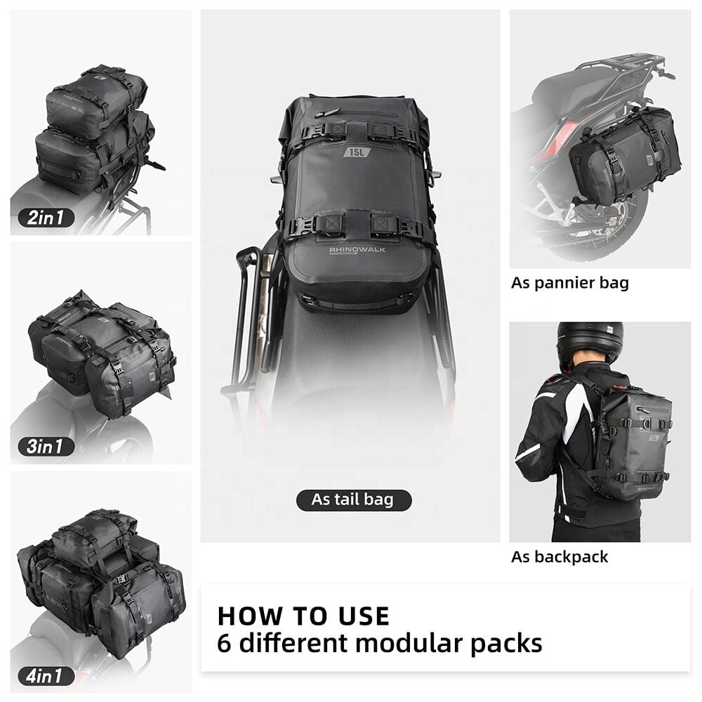 Rhinowalk MT2215BK 15L Modüler Su Geçirmez Motor Çantası / Motopack – PVC Kaplamalı Polyester, Evrensel Uyumluluk